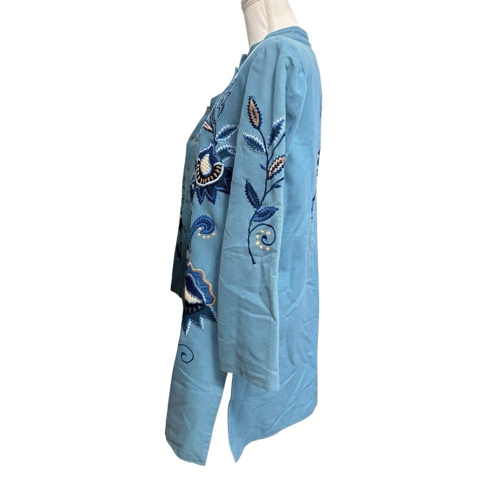 Indigo Moon Embroidered Floral Long Jacket Blue Cotton Mandarin Collar Size S - Picture 8 of 12